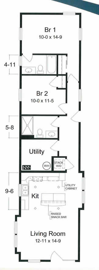 The Spring Late is a one level, 1028 square foot, 2 bedroom ranch style modular home designed for a 25 foot wide lot or larger, at an economical price.